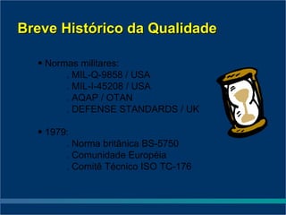 Breve Histórico da Qualidade

  • Normas militares:
        . MIL-Q-9858 / USA
        . MIL-I-45208 / USA
        . AQAP / OTAN
        . DEFENSE STANDARDS / UK

  • 1979:
        . Norma britânica BS-5750
        . Comunidade Européia
        . Comitê Técnico ISO TC-176
 