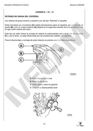 ESCUELA PRODUCTO IVECO                                                             Motores CURSOR



                                     CURSOR 8 – 10 – 13

RETENES DE GRASA DEL CIGÜEÑAL

Los retenes de grasa anterior y posterior son del tipo “Rotostat” a cassette.

Están formados por una lámina (C) calada directamente sobre el cigüeñal, por un reborde de
ajuste (B) y por un cuerpo externo (A) alojado en el específico asiento de la tapa anterior o de
la caja cubre-volante del motor.

Este tipo de retén ofrece la ventaja de realizar la estanqueidad sobre la lámina (en el punto
D) y, por lo tanto, no está influenciado por las oscilaciones radiales del cigüeñal.

Para el desmontaje y montaje de estos retenes es preciso usar los útiles específicos.




                                                                                    000558t


                              A Parte alojada en la tapa
                              B Reborde de ajuste
                              C Parte calada sobre el cigüeñal
                              D Zona de la estanqueidad axial




                                                                                45254




                                               74
 