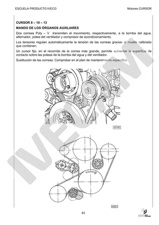 ESCUELA PRODUCTO IVECO                                                         Motores CURSOR



CURSOR 8 – 10 – 13
MANDO DE LOS ÓRGANOS AUXILIARES
Dos correas Poly – V transmiten el movimiento, respectivamente, a la bomba del agua,
alternador, polea del ventilador y compresor de acondicionamiento.
Los tensores regulan automáticamente la tensión de las correas gracias al muelle calibrado
que contienen.
Un cursor fijo, en el recorrido de la correa más grande, permite aumentar la superficie de
contacto sobre las poleas de la bomba del agua y del ventilador.
Sustitución de las correas: Comprobar en el plan de mantenimiento específico




                                                                   45160




                                                                 44921


                                            83
 