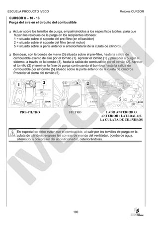 ESCUELA PRODUCTO IVECO                                                          Motores CURSOR

CURSOR 8 – 10 - 13
Purga del aire en el circuito del combustible

  Actuar sobre los tornillos de purga, empalmándolos a los específicos tubitos, para que
  fluyan los residuos de la purga en los recipientes idóneos:
  1 = situado sobre el soporte del pre-filtro (en el bastidor)
  2 = situado sobre el soporte del filtro (en el motor)
  5 = situado sobre la parte anterior o anterior/lateral de la culata de cilindros.

  Bombear, con la bomba de mano (3) situada sobre el pre-filtro, hasta la salida de
  combustible exento de aire por el tornillo (1). Apretar el tornillo (1) y proceder a purgar el
  sistema, a través de la bomba (3), hasta la salida de combustible por el tornillo (2). Apretar
  el tornillo (2) y terminar la fase de purga continuando el bombeo hasta la salida de
  combustible por el tornillo (5) situado sobre la parte anterior de la culata de cilindros.
  Proceder al cierre del tornillo (5).




                         LD187                            LD215                             LD188



       PRE-FILTRO                          FILTRO                    LADO ANTERIOR O
                                                                   ANTERIOR / LATERAL DE
                                                                  LA CULATA DE CILINDROS


     En especial se debe evitar que el combustible, al salir por los tornillos de purga en la
     culata de cilindros, engrase las correas de mando del ventilador, bomba de agua,
     alternador y compresor del acondicionador, deteriorándolas.




                                              100
 