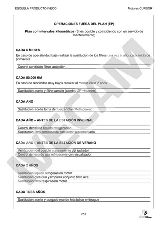 ESCUELA PRODUCTO IVECO                                                           Motores CURSOR




                           OPERACIONES FUERA DEL PLAN (EP)

      Plan con intervalos kilométricos (Si es posible y coincidiendo con un servicio de
                                     mantenimiento)



CADA 6 MESES
En caso de operatividad baja realizar la sustitucion de los filtros una vez al año, cada inicio de
primavera.

 Control condición filtros antipólen


CADA 80.000 KM
En caso de recorridos muy bajos realizar al menos cada 2 años

 Sustitución aceite y filtro cambio (cambio ZF +Intarder)


CADA AÑO

 Sustitución aceite toma de fuerza total (Multi-power)


CADA AÑO – ANTES DE LA ESTACIÓN INVERNAL

 Control densidad líquido refrigeración
 Sustitución filtro combustible calefactor suplementario


CADA AÑO – ANTES DE LA ESTACION DE VERANO

 Verificación del posible atascamiento del radiador
 Control del estado gas refrigerante con visualizador


CADA 2 AÑOS

 Sustitución líquido refrigeración motor
 Sustitución cartucho y limpieza conjunto filtro aire
 Sustitución filtro respiradero motor


CADA TRES AÑOS

 Sustitución aceite y purgado mando hidráulico embrague



                                               253
 