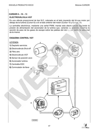 ESCUELA PRODUCTO IVECO                                                           Motores CURSOR




CURSOR 8 – 10 – 13
ELECTROVÁLVULA VGT
Es una válvula proporcional de tipo N.C. colocada en el lado izquierdo del bloque motor por
debajo de la turbina (Cursor 8) o en el lado anterior del motor (Cursor 10 y Cursor 13).
La centralita electrónica, mediante una señal PWM, manda esta electroválvula regulando la
presión de alimentación del accionador de la turbina que, variando su posición, modifica la
sección de paso de los gases de escape sobre las paletas del rotor y, por tanto, la velocidad
de la misma


ESQUEMA CONTROL VGT

LEYENDA                                    1           2                 3
1) Depósito servicios
2) Electroválvula Shut-off
3) Filtro aire
4) Electroválvula VGT
5) Sensor de posición accionador
6) Accionador turbina
7) Centralita EDC
8) Conmutador de llave
                             8




                                                           7




                                                       EDC

                                                       MS6.2




                             6




                                                           5                 4
                                 000588t



                                               47
 