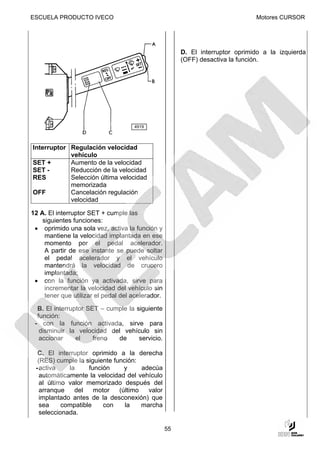 ESCUELA PRODUCTO IVECO                                                          Motores CURSOR




                                                        D. El interruptor oprimido a la izquierda
                                                        (OFF) desactiva la función.




                                     4919




Interruptor Regulación velocidad
            vehículo
SET +       Aumento de la velocidad
SET -       Reducción de la velocidad
RES         Selección última velocidad
            memorizada
OFF         Cancelación regulación
            velocidad

12 A. El interruptor SET + cumple las
    siguientes funciones:
 • oprimido una sola vez, activa la función y
     mantiene la velocidad implantada en ese
     momento por el pedal acelerador.
     A partir de ese instante se puede soltar
     el pedal acelerador y el vehículo
     mantendrá la velocidad de crucero
     implantada;
 • con la función ya activada, sirve para
     incrementar la velocidad del vehículo sin
     tener que utilizar el pedal del acelerador.

  B. El interruptor SET – cumple la siguiente
  función:
 - con la función activada, sirve para
   disminuir la velocidad del vehículo sin
   accionar     el    freno  de      servicio.

  C. El interruptor oprimido a la derecha
  (RES) cumple la siguiente función:
 - activa    la     función     y     adecúa
   automáticamente la velocidad del vehículo
   al último valor memorizado después del
   arranque    del    motor   (último   valor
   implantado antes de la desconexión) que
   sea     compatible    con    la    marcha
   seleccionada.

                                                   55
 
