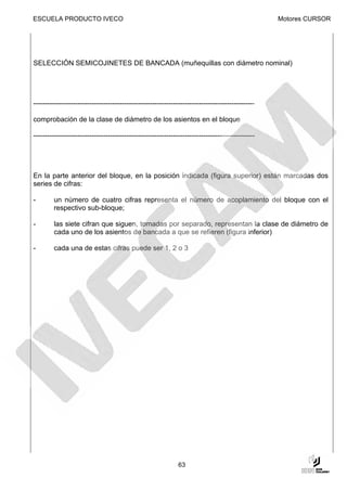 ESCUELA PRODUCTO IVECO                                                                            Motores CURSOR




SELECCIÓN SEMICOJINETES DE BANCADA (muñequillas con diámetro nominal)




-----------------------------------------------------------------------------------------------

comprobación de la clase de diámetro de los asientos en el bloque

-----------------------------------------------------------------------------------------------




En la parte anterior del bloque, en la posición indicada (figura superior) están marcadas dos
series de cifras:

-       un número de cuatro cifras representa el número de acoplamiento del bloque con el
        respectivo sub-bloque;

-       las siete cifran que siguen, tomadas por separado, representan la clase de diámetro de
        cada uno de los asientos de bancada a que se refieren (figura inferior)

-       cada una de estas cifras puede ser 1, 2 o 3




                                                              63
 