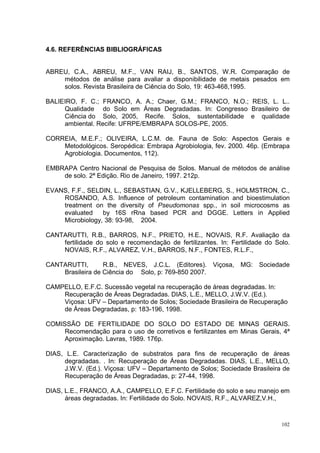 4.6. REFERÊNCIAS BIBLIOGRÁFICAS


ABREU, C.A., ABREU, M.F., VAN RAIJ, B., SANTOS, W.R. Comparação de
    métodos de análise para avaliar a disponibilidade de metais pesados em
    solos. Revista Brasileira de Ciência do Solo, 19: 463-468,1995.

BALIEIRO, F. C.; FRANCO, A. A.; Chaer, G.M.; FRANCO, N.O.; REIS, L. L..
     Qualidade do Solo em Áreas Degradadas. In: Congresso Brasileiro de
     Ciência do Solo, 2005, Recife. Solos, sustentabilidade e qualidade
     ambiental. Recife: UFRPE/EMBRAPA SOLOS-PE, 2005.

CORREIA, M.E.F.; OLIVEIRA, L.C.M. de. Fauna de Solo: Aspectos Gerais e
    Metodológicos. Seropédica: Embrapa Agrobiologia, fev. 2000. 46p. (Embrapa
    Agrobiologia. Documentos, 112).

EMBRAPA Centro Nacional de Pesquisa de Solos. Manual de métodos de análise
    de solo. 2ª Edição. Rio de Janeiro, 1997. 212p.

EVANS, F.F., SELDIN, L., SEBASTIAN, G.V., KJELLEBERG, S., HOLMSTRON, C.,
    ROSANDO, A.S. Influence of petroleum contamination and bioestimulation
    treatment on the diversity of Pseudomonas spp., in soil microcosms as
    evaluated    by 16S rRna based PCR and DGGE. Letters in Applied
    Microbiology, 38: 93-98, 2004.

CANTARUTTI, R.B., BARROS, N.F., PRIETO, H.E., NOVAIS, R.F. Avaliação da
    fertilidade do solo e recomendação de fertilizantes. In: Fertilidade do Solo.
    NOVAIS, R.F., ALVAREZ, V.H., BARROS, N.F., FONTES, R.L.F.,

CANTARUTTI,       R.B., NEVES, J.C.L. (Editores). Viçosa,       MG: Sociedade
    Brasileira de Ciência do Solo, p: 769-850 2007.

CAMPELLO, E.F.C. Sucessão vegetal na recuperação de áreas degradadas. In:
    Recuperação de Áreas Degradadas. DIAS, L.E., MELLO, J.W.V. (Ed.).
    Viçosa: UFV – Departamento de Solos; Sociedade Brasileira de Recuperação
    de Áreas Degradadas, p: 183-196, 1998.

COMISSÃO DE FERTILIDADE DO SOLO DO ESTADO DE MINAS GERAIS.
     Recomendação para o uso de corretivos e fertilizantes em Minas Gerais, 4ª
     Aproximação. Lavras, 1989. 176p.

DIAS, L.E. Caracterização de substratos para fins de recuperação de áreas
     degradadas. . In: Recuperação de Áreas Degradadas. DIAS, L.E., MELLO,
     J.W.V. (Ed.). Viçosa: UFV – Departamento de Solos; Sociedade Brasileira de
     Recuperação de Áreas Degradadas, p: 27-44, 1998.

DIAS, L.E., FRANCO, A.A., CAMPELLO, E.F.C. Fertilidade do solo e seu manejo em
      áreas degradadas. In: Fertilidade do Solo. NOVAIS, R.F., ALVAREZ,V.H.,



                                                                              102
 