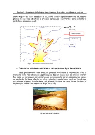Capítulo 5 - Degradação do Solo e da Água: Impactos da erosão e estratégias de controle


arame farpado ou liso e associada a ela, numa faixa de aproximadamente 2m, fazer o
plantio de espécies arbustivas e arbóreas agressivas (espinhentas) para aumentar o
controle de acesso ao local.


                                                                          Cerca



                                                                           Limite da voçoroca



                                                                           Linha de nível



                                                                          Dreno




                  Fig. 5.5. Isolamento da área da voçoroca.


      Controle da erosão em toda a bacia de captação de água da voçoroca

       Esse procedimento visa executar práticas mecânicas e vegetativas tanto a
montante como nas laterais da voçoroca para desviar a água que cai em seu interior.
Isto pode ser conseguido com sistemas de terraceamento, canais escoadouros, bacias
de captação de água, plantio em nível, cobertura vegetal com espécies herbáceas,
arbustivas e arbóreas, instalação de paliçadas de bambu e sacos de terra e, também, a
implantação de cordões vegetados (Figs. 5.6 e 5.7).




                                     Fig. 5.6. Bacia de Captação.



                                                                                                112
 