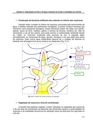 Capítulo 5 - Degradação do Solo e da Água: Impactos da erosão e estratégias de controle




      Construção de barreiras artificiais e/ou naturais no interior das voçorocas

       Visando evitar a erosão no interior da voçoroca, provocada pelo escorrimento da
água, e facilitar retenção dos sedimentos carregados, é preciso construir barreiras que
funcionam como pequenas barragens. Essas estruturas podem ser feitas com bambu,
pedras, sacos de terra, madeira, galhos e troncos de árvores, entulhos etc. Não se
recomenda o uso de lixo urbano, pois pode ocorrer a contaminação ambiental devido
ao “caldo” ou “chorume” produzido pelo acúmulo do lixo. A poluição afeta,
principalmente, os mananciais de água, açudes, córregos e rios que estão para baixo
da voçoroca. Caso ocorra água subterrânea deve-se ter o cuidado de drená-la ou
deixá-la com drenagem livre ao se construir os obstáculos (Fig. 5.11).


                                                                                      Cerca


                                                                                      Limite da voçoroca


                                                                                     Terraços


                                                                                      Dreno


                                                                                    Limite da área de
                                                                                    movimento de terra




                                                                                    Paliçadas




                   Fig. 5.11. Controle de erosão na bacia de capitação.



      Vegetação da voçoroca e área de contribuição

        A escolha das espécies vegetais a serem utilizadas na vegetação das voçorocas
e de sua área de contribuição irá depender das dimensões (largura e profundidade) da
voçoroca e da viabilidade econômica de utilização futura da área para fins agrícolas ou
civis etc.

                                                                                                115
 