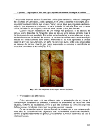 Capítulo 5 - Degradação do Solo e da Água: Impactos da erosão e estratégias de controle



O importante é que as estacas fiquem bem unidas para barrar e/ou reduzir a passagem
da enxurrada em velocidade. Após a paliçada, bem junto às escoras de eucalipto, deve-
se colocar qualquer material que sirva de “cama” para a água que atravessa a paliçada,
evitando que a água cave um buraco na parte posterior da paliçada. Para isso pode-se
utilizar, isolados ou em conjunto, sacos de terra, pedras, pneus, entulhos etc.
        Quando houver necessidade de um reforço nas paliçadas e as estacas de
bambu forem dispostas na horizontal, pode-se colocar uma estaca paralela, logo à
frente de cada tora de eucalipto. Entre elas serão instaladas e amarradas com arame,
as demais estacas de bambu. As estacas de bambu são unidas nas toras de eucalipto
através do entrelaçamento com arame, mantendo-as os mais apertados e unidos
possível. Deve-se fazer, também, um corte na parede do sulco, onde serão encaixadas
as estacas de bambu, visando dar maior sustentação à estrutura e resistência ao
impacto e pressão da enxurrada (Fig. 5.16).




                    Fig. 5.16. Corte na parede do sulco para encaixe do bambu.



      Travesseiros ou almofadas

       Outra estrutura que pode ser utilizada para a revegetação de voçorocas é
conhecida por travesseiro ou almofada, e consiste no enchimento de sacos com terra
adubada, na forma de travesseiros, sobre o qual são plantadas ou semeadas espécies
de leguminosas herbáceas, gramíneas ou outras espécies vegetais.
       Os sacos são dispostos no interior dos sulcos e voçorocas e, por conterem solo
mais fértil, ao contrário do solo degradado que, normalmente ocorre nas voçorocas,
permite o rápido crescimento das plantas, possibilitando aumentar a cobertura do solo e
reter sedimentos.



                                                                                              119
 