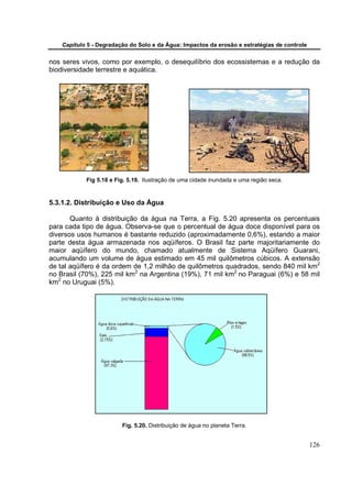 Capítulo 5 - Degradação do Solo e da Água: Impactos da erosão e estratégias de controle


nos seres vivos, como por exemplo, o desequilíbrio dos ecossistemas e a redução da
biodiversidade terrestre e aquática.




            Fig 5.18 e Fig. 5.19. Ilustração de uma cidade inundada e uma região seca.



5.3.1.2. Distribuição e Uso da Água

       Quanto à distribuição da água na Terra, a Fig. 5.20 apresenta os percentuais
para cada tipo de água. Observa-se que o percentual de água doce disponível para os
diversos usos humanos é bastante reduzido (aproximadamente 0,6%), estando a maior
parte desta água armazenada nos aqüíferos. O Brasil faz parte majoritariamente do
maior aqüífero do mundo, chamado atualmente de Sistema Aqüífero Guarani,
acumulando um volume de água estimado em 45 mil quilômetros cúbicos. A extensão
de tal aqüífero é da ordem de 1,2 milhão de quilômetros quadrados, sendo 840 mil km2
no Brasil (70%), 225 mil km2 na Argentina (19%), 71 mil km2 no Paraguai (6%) e 58 mil
km2 no Uruguai (5%).




                         Fig. 5.20. Distribuição de água no planeta Terra.


                                                                                              126
 