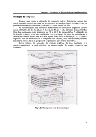 Capítulo 6 - Estratégias de Recuperação de Áreas Degradadas

Utilização do composto

         Quanto mais rápida a utilização do composto melhor. Entretanto, quando isto
não é possível, o composto deve ser armazenado em local protegido do sol e chuva, de
preferência coberto com lona de polietileno ou sacos velhos de fibra.
         As concentrações dos elementos fertilizantes dos compostos orgânicos variam,
sendo normalmente de: 1 a 2% de N e de 0,5 a 1% de P e K, além dos micronutrientes.
Uma boa adubação exige dosagens de 15 a 30 t de composto/ha. A utilização do
fertilizante orgânico pode ser combinada com a mineral. No caso da associação, a
adubação mineral deverá ser aplicada alguns dias após a distribuição do composto
orgânico. Não se deve misturar o composto com calcário, uma vez que este processo
provocaria perdas de N, o que poderá se percebido pelo cheiro de amônia.
         Outro método de produção de matéria orgânica de boa qualidade é a
vermicompostagem, o qual consiste na decomposição de restos orgânicos por
minhocas.




                         Fig. 6.23. Montagem da meda de compostagem




                                                                                      170
 