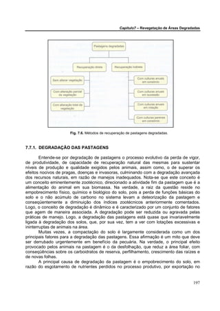 Capítulo7 – Revegetação de Áreas Degradadas




                      Fig. 7.6. Métodos de recuperação de pastagens degradadas.



7.7.1. DEGRADAÇÃO DAS PASTAGENS

        Entende-se por degradação de pastagens o processo evolutivo da perda de vigor,
de produtividade, de capacidade de recuperação natural das mesmas para sustentar
níveis de produção e qualidade exigidos pelos animais, assim como, o de superar os
efeitos nocivos de pragas, doenças e invasoras, culminando com a degradação avançada
dos recursos naturais, em razão de manejos inadequados. Nota-se que este conceito é
um conceito eminentemente zootécnico, direcionado a atividade fim da pastagem que é a
alimentação do animal em sua biomassa. Na verdade, a raiz da questão reside no
empobrecimento físico, químico e biológico do solo, pois a perda de funções básicas do
solo e o não acúmulo de carbono no sistema levam a deteorização da pastagem e
conseqüentemente a diminuição dos índices zootécnicos anteriormente comentados.
Logo, o conceito de degradação é dinâmico e é caracterizado por um conjunto de fatores
que agem de maneira associada. A degradação pode ser reduzida ou agravada pelas
práticas de manejo. Logo, a degradação das pastagens está quase que invariavelmente
ligada à degradação dos solos, que, por sua vez, tem a ver com lotações excessivas e
ininterruptas de animais na área.
        Muitas vezes, a compactação do solo é largamente considerada como um dos
principais fatores para a degradação das pastagens. Essa afirmação é um mito que deve
ser derrubado urgentemente em benefício da pecuária. Na verdade, o principal efeito
provocado pelos animais na pastagem é o da desfolhação, que reduz a área foliar, com
conseqüências sobre os carboidratos de reserva, perfilhamento, crescimento das raízes e
de novas folhas.
        A principal causa de degradação da pastagem é o empobrecimento do solo, em
razão do esgotamento de nutrientes perdidos no processo produtivo, por exportação no


                                                                                         197
 