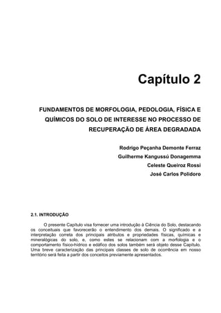 Capítulo 2

    FUNDAMENTOS DE MORFOLOGIA, PEDOLOGIA, FÍSICA E
       QUÍMICOS DO SOLO DE INTERESSE NO PROCESSO DE
                             RECUPERAÇÃO DE ÁREA DEGRADADA


                                             Rodrigo Peçanha Demonte Ferraz
                                            Guilherme Kangussú Donagemma
                                                           Celeste Queiroz Rossi
                                                             José Carlos Polidoro




2.1. INTRODUÇÃO

         O presente Capítulo visa fornecer uma introdução à Ciência do Solo, destacando
os conceituais que favorecerão o entendimento dos demais. O significado e a
interpretação correta dos principais atributos e propriedades físicas, químicas e
mineralógicas do solo, e, como estes se relacionam com a morfologia e o
comportamento físico-hídrico e edáfico dos solos também será objeto desse Capítulo.
Uma breve caracterização das principais classes de solo de ocorrência em nosso
território será feita a partir dos conceitos previamente apresentados.
 