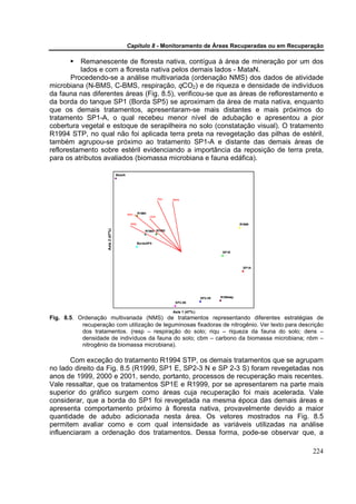 Capítulo 8 - Monitoramento de Áreas Recuperadas ou em Recuperação

          Remanescente de floresta nativa, contígua à área de mineração por um dos
          lados e com a floresta nativa pelos demais lados - MataN.
       Procedendo-se a análise multivariada (ordenação NMS) dos dados de atividade
microbiana (N-BMS, C-BMS, respiração, qCO2) e de riqueza e densidade de indivíduos
da fauna nas diferentes áreas (Fig. 8.5), verificou-se que as áreas de reflorestamento e
da borda do tanque SP1 (Borda SP5) se aproximam da área de mata nativa, enquanto
que os demais tratamentos, apresentaram-se mais distantes e mais próximos do
tratamento SP1-A, o qual recebeu menor nível de adubação e apresentou a pior
cobertura vegetal e estoque de serapilheira no solo (constatação visual). O tratamento
R1994 STP, no qual não foi aplicada terra preta na revegetação das pilhas de estéril,
também agrupou-se próximo ao tratamento SP1-A e distante das demais áreas de
reflorestamento sobre estéril evidenciando a importância da reposição de terra preta,
para os atributos avaliados (biomassa microbiana e fauna edáfica).

                                    MataN




                                                                  riqu   dens



                                            nbm     R1994
                                                            cbm

                                             resp                                                            R1999
                     Axis 2 (47%)




                                                        R1984 R1992


                                                    BordaSP5

                                                                                                   SP1E




                                                                                                              SP1A




                                                                                         SP2-3S   R1994stp
                                                                          SP2-3N


                                                                         Axis 1 (47% )
Fig. 8.5. Ordenação multivariada (NMS) de tratamentos representando diferentes estratégias de
           recuperação com utilização de leguminosas fixadoras de nitrogênio. Ver texto para descrição
           dos tratamentos. (resp – respiração do solo; riqu – riqueza da fauna do solo; dens –
           densidade de indivíduos da fauna do solo; cbm – carbono da biomassa microbiana; nbm –
           nitrogênio da biomassa microbiana).

       Com exceção do tratamento R1994 STP, os demais tratamentos que se agrupam
no lado direito da Fig. 8.5 (R1999, SP1 E, SP2-3 N e SP 2-3 S) foram revegetadas nos
anos de 1999, 2000 e 2001, sendo, portanto, processos de recuperação mais recentes.
Vale ressaltar, que os tratamentos SP1E e R1999, por se apresentarem na parte mais
superior do gráfico surgem como áreas cuja recuperação foi mais acelerada. Vale
considerar, que a borda do SP1 foi revegetada na mesma época das demais áreas e
apresenta comportamento próximo à floresta nativa, provavelmente devido a maior
quantidade de adubo adicionada nesta área. Os vetores mostrados na Fig. 8.5
permitem avaliar como e com qual intensidade as variáveis utilizadas na análise
influenciaram a ordenação dos tratamentos. Dessa forma, pode-se observar que, a

                                                                                                                     224
 