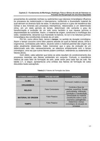 Capítulo 2 – Fundamentos de Morfologia, Pedologia, Física e Qímica do solo de Interesse no
                                            Processo de Recuperação de uma Área Degradada

provenientes do substrato rochoso ou sedimentos cuja natureza mineralógica influencia
os processos de meteorização e intemperismo, conferindo a diversidade material da
qual derivam os diversos tipos de solos. A natureza química e o grau de resistência das
rochas e dos minerais aos processos intempéricos, relacionados a um determinado
clima, em um dado período de tempo, determinam não somente o grau de
transformação e evolução de um solo como também a sua riqueza química e
disponibilidade de nutrientes. Assim, o material de origem, condiciona a morfologia dos
solos, notadamente, deixando sua impressão na textura, na cor e na natureza químico-
mineralógica dos constituintes minerais de um solo.
        Por fim, como último fator, temos o tempo, no sentido de duração cronológica.
Assim o tempo concorre como fator passivo através do qual os fatores ativos, clima e
organismos, controlados pelo relevo, atuando sobre o material parental dão origem aos
solos atualmente observados. Cabe mencionar que o grau de evolução de um
determinado solo não, necessariamente, se relaciona simplesmente com o tempo
cronológico, uma vez que outros fatores podem contribuir, retardando ou acelerando os
fatores ativos.
        Com efeito, cabe salientar que todos os solos resultam do condicionamento dos
processos inerentes aos fatores ambientais em conjunto. Contudo, a importância
relativa de cada fator de formação de solo, pode variar para cada tipo de solo. Na
tabela 2.1, a seguir, apresenta-se uma síntese dos fatores de formação de solos
discutidos neste subcapítulo.


                            Tabela 2.1. Fatores de Formação dos Solos.


    FATORES AMBIENTAIS               TIPO DE FATOR                       ATUAÇÃO

            CLIMA                      Fatores Ativos
                                                               Fornecem matéria e energia
        ORGANISMOS
                                                                    Controla o fluxo de
                                     Fator Controlador         materias: superfície: Erosão
           RELEVO
                                                                profundidade: Infiltração;
                                                                Lixiviação e Translocação
                                                                 Diversidade do material
                                       Fator Passivo
    MATERIAL DE ORIGEM                                           constituinte sobre o qual
                                                                  ocorrerá a pedogênese
                                                                    Determina o tempo
                                       Fator Passivo
            TEMPO                                              cronológico de atuação do
                                                                         processo




                                                                                              13
 