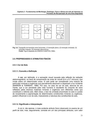 Capítulo 2 – Fundamentos de Morfologia, Pedologia, Física e Qímica do solo de Interesse no
                                              Processo de Recuperação de uma Área Degradada




Fig. 2.2. Topografia da transição entre horizontes: (1) transição plana; (2) transição ondulada; (3)
          transição irregular; (4) transição descontínua.
          Fonte: Figura adaptada de LEMOS E SANTOS (1984).




2.5. PROPRIEDADES E ATRIBUTOS FÍSICOS


2.5.1. Cor do Solo


2.5.1.1. Conceito e Definição


        A cor, por definição, é a sensação visual causada pela reflexão da radiação
eletromagnética, na faixa de comprimento de onda do visível (0,4 a 0,7 mícrons), que
incide sobre um determinado corpo. O solo pode ser considerado uma mistura de
partículas minerais e orgânicas que parcialmente absorvem e dispersam a luz incidente
(BARRÓN & TORRENT, 1986). Por isso, no caso da cor do solo, deve-se ter em
mente, que a cor percebida pela vista humana é resultante do conjunto de raios
refletidos pelos diversos materiais minerais e orgânicos com diferentes cores que
constituem o referido solo. Além disso, o teor de umidade encontrado no solo e o poder
de revestimento e pigmentação de determinados constituintes minerais ou orgânicos,
podem influenciar a cor do solo, mascarando a natureza dos constituintes do solo.



2.5.1.2. Significado e Interpretação

        A cor é, não apenas, o mais evidente atributo físico observado no exame de um
perfil de solo, mas, seguramente, consiste em um dos principais atributos, com valor

                                                                                                       21
 