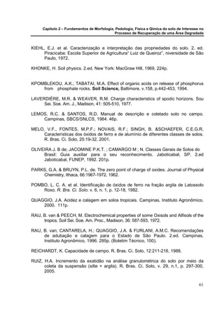 Capítulo 2 – Fundamentos de Morfologia, Pedologia, Física e Qímica do solo de Interesse no
                                            Processo de Recuperação de uma Área Degradada



KIEHL, E.J. et al. Caracterização e interpretação das propriedades do solo. 2. ed.
     Piracicaba: Escola Superior de Agricultura“ Luiz de Queiroz”, niversidade de São
     Paulo, 1972.

KHONKE, H. Soil physics. 2.ed. New York: MacGraw Hill, 1969. 224p.


KPOMBLEKOU, A.K.; TABATAI, M.A. Effect of organic acids on release of phosphorus
    from phosphate rocks. Soil Science, Baltimore, v.158, p.442-453, 1994.

LAVERDIÈRE, M.R. & WEAVER, R.M. Charge characteristics of spodic horizons. Sou
     Sei. Soe. Am. J., Madison, 41: 505-510, 1977.

LEMOS, R.C. & SANTOS, R.D. Manual de descrição e coletado solo no campo.
    Campinas, SBCS/SNLCS, 1984. 46p.

MELO, V.F., FONTES, M.P.F.; NOVAIS, R.F.; SINGH, B. &SCHAEFER, C.E.G.R.
     Características dos óxidos de ferro e de alumínio de diferentes classes de solos.
     R. Bras. Ci. Solo, 25:19-32, 2001.

OLIVEIRA J. B de; JACOMINE P.K.T. ; CAMARGO M ; N. Classes Gerais de Solos do
     Brasil: Guia auxiliar para o seu reconhecimento. Jaboticabal, SP. 2.ed
     Jaboticabal, FUNEP, 1992. 201p.

PARKS, G.A. & BRUYN, P.L. de. The zero point of charge of oxides. Journal of Physical
    Chemistry, Ithaca, 66:1967-1972, 1962.

POMBO, L. C. A. et al. Identificação de óxidos de ferro na fração argila de Latossolo
    Roxo. R. Bra. Ci. Solo. v. 6, n. 1, p. 12-18, 1982.

QUAGGIO, J.A. Acidez e calagem em solos tropicais. Campinas, Instituto Agronômico,
    2000. 111p.

RAIJ, B. van & PEECH, M. Electrochemical properties of some Oxisols and Alfisols of the
      tropics. Soil Sei. Soe. Am. Proc., Madison, 36: 587-593, 1972.

RAIJ, B. van; CANTARELA, H.; QUAGGIO, J.A. & FURLANI, A.M.C. Recomendações
      de adubação e calagem para o Estado de São Paulo. 2.ed. Campinas,
      Instituto Agronômico, 1996. 285p. (Boletim Técnico, 100).

REICHARDT, K. Capacidade de campo. R. Bras. Ci. Solo, 12:211-216, 1988.

RUIZ, H.A. Incremento da exatidão na análise granulométrica do solo por meio da
      coleta da suspensão (silte + argila). R. Bras. Ci. Solo, v. 29, n.1, p. 297-300,
      2005.


                                                                                            61
 