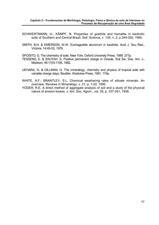 Capítulo 2 – Fundamentos de Morfologia, Pedologia, Física e Qímica do solo de Interesse no
                                            Processo de Recuperação de uma Área Degradada



SCHWERTMANN, U.; KÄMPF, N. Properties of goethite and hematite in kaolinitic
    soils of Southern and Central Brazil. Soil Science, v. 139, n. 2, p.344-350, 1985.

SMITH, B.H. & EMERSON, W.W. Exchageable aluminum in kaolinite. Aust J. Sou Rés.,
     Victoria, 14:45-53, 1976.

SPOSITO, G. The chemistry of soils. New York, Oxford University Press, 1989. 277p.
TESSENS, E. & ZAUYAH, S. Positive permanent charge in Oxisols. Soil Sei. Soe. Am. J.,
     Madison, 46:1103-1106, 1982.

UEHARA, G. & GILLMAN, G. The mineralogy, chemistry and physics of tropical soils with
    varíable charge clays, Boulder, Westview Press, 1981. 170p.

WHITE, A.F.; BRANTLEY, S.L. Chemical weathering rates of silicate minerals: An
     overview. Reviews in Mineralogy, v. 31, p. 1-22, 1995.
YODER, R.E. A direct method of aggregate analysis of soil and a study of the physical
     nature of erosion losses. J. Am. Soc. Agron., vol. 28, p. 337-351, 1936.




                                                                                            62
 