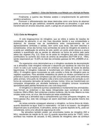 Capítulo 3 – Ciclos dos Nutrientes e sua Relação com a Nutrição de Plantas

      Finalmente, a queima das florestas acelera o empobrecimento do patrimônio
genético amazônico.
      Promover o reflorestamento das áreas destruídas como uma forma de absorver
parte do excesso de gás carbônico, existente atualmente na atmosfera; o qual seria
transformado em árvores reduzindo, assim, o perigo de um possível efeito estufa.



3.2.2. Ciclo do Nitrogênio

       O ciclo biogeoquímico do nitrogênio, que se refere à cadeia de reações de
oxirredução do elemento, é um dos mais discutidos devido à sua complexidade e
dinâmica. As diversas vias de transferência entre compartimentos de um
agroecossistema (entradas e saídas), bem como suas taxas, são bem descritas e
contabilizadas. Umas das formas mais conhecidas de saída de nitrogênio do sistema é
a perda por volatilização de amônia do solo, porém um ponto ainda obscuro e pouco
avaliado e quantificado são as perdas do elemento na forma de amônia pela parte
aérea dos vegetais (Fig. 3.2). Essa via de saída do nitrogênio tem sido citada como
contribuidora no aumento dos níveis de amônia da atmosfera (SUTTON et al., 1993),
sendo responsável por 15-20% do total das emissões gasosas de NH3 (ASMAN et al.,
1998).
       Os organismos vivos decompõem-se e o nitrogênio resultante da decomposição
vai à atmosfera. Este nitrogênio molecular é absorvido por bactérias de vida livre que
vivem no solo e por outras que vivem em simbiose nos nódulos de raízes de plantas
leguminosas. O nitrogênio molecular é transformado em nitritos (NO2) e em nitratos
(NO3). O nitrogênio agora incorporado ao solo constitui a fonte de nitrogênio para os
vegetais superiores. Para atividade metabólica da planta os nitratos convertem-se em
proteínas e outros compostos complexos que são consumidos em parte como alimentos
pelos animais. Uma parte do nitrogênio volta a terra como produtos de excreção ou em
forma de compostos derivados de tecidos animais mortos. Uma vez transformado em
compostos nitrogenados por atividade bacteriana o nitrogênio torna-se novamente
aproveitável pelas plantas fechando-se o seu ciclo bioquímico.
       O nitrogênio é o elemento químico característico e fundamental dos aminoácidos
(que formam as proteínas) e das bases nitrogenadas (que constituem os ácidos
nucléicos, DNA e RNA). Sem proteínas e ácidos nucléicos, não há vida. Mesmo os mais
simples seres vivos, os vírus, são formados por estas substâncias.
       Ainda que a atmosfera seja o compartimento que mais armazene nitrogênio, na
forma gasosa (N2), este não consegue ser assim assimilado pela grande maioria dos
vegetais.
       As raízes somente conseguem absorver o nitrogênio, na forma iônica de nitrato,
quando dissolvido na água. Este é o reservatório - no solo e no oceano - de nitrogênio
disponível para os produtores. A atmosfera, sendo um grande depósito de N2, pode ser
considerada, como uma válvula de segurança do ciclo.
          Na atmosfera também podem ser encontrados óxidos de nitrogênio (NO e
NO2), resultantes da reação do N2 com O2 quando aquecidos acima de 1100° comoC,
acontece nos motores de veículos. O NO2 (dióxido de nitrogênio) além de contribuir



                                                                                           68
 