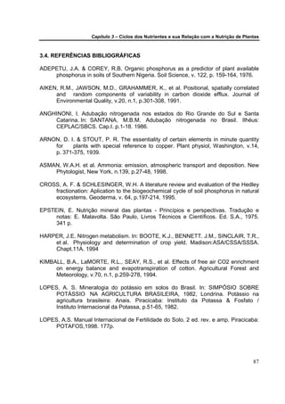Capítulo 3 – Ciclos dos Nutrientes e sua Relação com a Nutrição de Plantas



3.4. REFERÊNCIAS BIBLIOGRÁFICAS

ADEPETU, J.A. & COREY, R.B. Organic phosphorus as a predictor of plant available
    phosphorus in soils of Southern Nigeria. Soil Science, v. 122, p. 159-164, 1976.

AIKEN, R.M., JAWSON, M.D., GRAHAMMER, K., et al. Positional, spatially correlated
     and random components of variability in carbon dioxide efflux. Journal of
     Environmental Quality, v.20, n.1, p.301-308, 1991.

ANGHINONI, I. Adubação nitrogenada nos estados do Rio Grande do Sul e Santa
    Catarina. In: SANTANA, M.B.M. Adubação nitrogenada no Brasil. Ilhéus:
    CEPLAC/SBCS. Cap.I. p.1-18. 1986.

ARNON, D. I. & STOUT, P. R. The essentiality of certain elements in minute quantity
    for    plants with special reference to copper. Plant physiol, Washington, v.14,
    p. 371-375, 1939.

ASMAN, W.A.H. et al. Ammonia: emission, atmospheric transport and deposition. New
    Phytologist, New York, n.139, p.27-48, 1998.

CROSS, A. F. & SCHLESINGER, W.H. A literature review and evaluation of the Hedley
    fractionation: Aplication to the biogeochemical cycle of soil phosphorus in natural
    ecosystems. Geoderma, v. 64, p.197-214, 1995.

EPSTEIN, E. Nutrição mineral das plantas - Princípios e perspectivas. Tradução e
     notas: E. Malavolta. São Paulo, Livros Técnicos e Científicos. Ed. S.A., 1975.
     341 p.

HARPER, J.E. Nitrogen metabolism. In: BOOTE, K.J., BENNETT. J.M., SINCLAIR, T.R.,
    et al. Physiology and determination of crop yield. Madison:ASA/CSSA/SSSA.
    Chapt.11A. 1994

KIMBALL, B.A., LaMORTE, R.L., SEAY, R.S., et al. Effects of free air CO2 enrichment
     on energy balance and evapotranspiration of cotton. Agricultural Forest and
     Meteorology, v.70, n.1, p.259-278, 1994.

LOPES, A. S. Mineralogia do potássio em solos do Brasil. In: SIMPÓSIO SOBRE
     POTÁSSIO NA AGRICULTURA BRASILEIRA, 1982, Londrina. Potássio na
     agricultura brasileira: Anais. Piracicaba: Instituto da Potassa & Fosfato /
     Instituto Internacional da Potassa, p.51-65, 1982.

LOPES, A.S. Manual Internacional de Fertilidade do Solo. 2 ed. rev. e amp. Piracicaba:
     POTAFOS,1998. 177p.




                                                                                           87
 