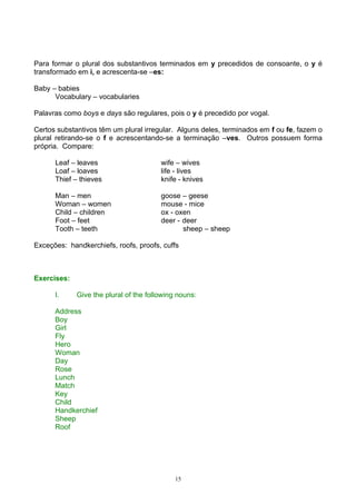 Para formar o plural dos substantivos terminados em y precedidos de consoante, o y é
transformado em i, e acrescenta-se –es:

Baby – babies
      Vocabulary – vocabularies

Palavras como boys e days são regulares, pois o y é precedido por vogal.

Certos substantivos têm um plural irregular. Alguns deles, terminados em f ou fe, fazem o
plural retirando-se o f e acrescentando-se a terminação –ves. Outros possuem forma
própria. Compare:

      Leaf – leaves                     wife – wives
      Loaf – loaves                     life - lives
      Thief – thieves                   knife - knives

      Man – men                         goose – geese
      Woman – women                     mouse - mice
      Child – children                  ox - oxen
      Foot – feet                       deer - deer
      Tooth – teeth                            sheep – sheep

Exceções: handkerchiefs, roofs, proofs, cuffs



Exercises:

      I.     Give the plural of the following nouns:

      Address
      Boy
      Girl
      Fly
      Hero
      Woman
      Day
      Rose
      Lunch
      Match
      Key
      Child
      Handkerchief
      Sheep
      Roof




                                             15
 