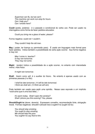 Superman can fly, but we can’t.
      This machine can work non-stop for hours.
      Can I help you?
      Can I smoke here?

Could (podia, poderia): é o passado e condicional do verbo can. Pode ser usado na
interrogativa como forma de fazer pedidos educados:

      Could you bring me a glass of water, please?

Forma negativa: could not = couldn’t.

      They couldn’t help the old man.

May ( poder, ter licença ou permissão para). É usado em linguagem mais formal para
fazer pedidos. Indica também a possibilidade de certa ação ocorrer. Sua forma negativa
é may not.

      May I come in, teacher?
      It may rain tomorrow.
      They may not come.

Might: (poder) Indica a possibilidade de a ação ocorrer, no entanto com intensidade
menor, mais fraca:

      It might rain tomorrow.

Shall: Assim como will, é o auxiliar do futuro. No entanto é apenas usado com as
primeiras pessoas (I e We):

      I shall be late tomorrow. (=I will be late tomorrow)
      I think we shall win. (=I think we will win)

Pode também ser usado para pedir uma opinião. Nesse caso equivale a um implícito
“você acha que é uma boa idéia...”

      It’s warm today. Shall I open the window?
      Shall I phone you this evening? Yes, please.

Should/Ought to (dever, deveria): Expressam conselho, recomendação forte, obrigação
moral. Formas negativas: shouldn’t (should not) e oughtn’t to (ought not to):

      You should stop smoking.
      You ought to stop smoking.
      We should help the poor.
      You oughtn’t to say that to him.




                                             31
 