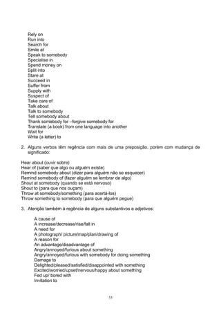 Rely on
   Run into
   Search for
   Smile at
   Speak to somebody
   Specialise in
   Spend money on
   Split into
   Stare at
   Succeed in
   Suffer from
   Supply with
   Suspect of
   Take care of
   Talk about
   Talk to somebody
   Tell somebody about
   Thank somebody for –forgive somebody for
   Translate (a book) from one language into another
   Wait for
   Write (a letter) to

2. Alguns verbos têm regência com mais de uma preposição, porém com mudança de
   significado:

Hear about (ouvir sobre)
Hear of (saber que algo ou alguém existe)
Remind somebody about (dizer para alguém não se esquecer)
Remind somebody of (fazer alguém se lembrar de algo)
Shout at somebody (quando se está nervoso)
Shout to (para que nos ouçam)
Throw at somebody/something (para acertá-los)
Throw something to somebody (para que alguém pegue)

3. Atenção também à regência de alguns substantivos e adjetivos:

      A cause of
      A increase/decrease/rise/fall in
      A need for
      A photograph/ picture/map/plan/drawing of
      A reason for
      An advantage/disadvantage of
      Angry/annoyed/furious about something
      Angry/annoyed/furious with somebody for doing something
      Damage to
      Delighted/pleased/satisfied/disappointed with something
      Excited/worried/upset/nervous/happy about something
      Fed up/ bored with
      Invitation to


                                          53
 