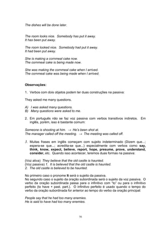 The dishes will be done later.


The room looks nice. Somebody has put it away.
It has been put away.

The room looked nice. Somebody had put it away.
It had been put away.

She is making a cornmeal cake now.
The cornmeal cake is being made now.

She was making the cornmeal cake when I arrived.
The cornmeal cake was being made when I arrived.


Observações:

1. Verbos com dois objetos podem ter duas construções na passiva:

They asked me many questions.

A) I was asked many questions.
B) Many questions were asked to me.

2. Em português não se faz voz passiva com verbos transitivos indiretos. Em
   inglês, porém, isso é bastante comum:

Someone is shooting at him. → He’s been shot at.
The manager called off the meeting. → The meeting was called off.

3. Muitas frases em inglês começam com sujeito indeterminado (Dizem que...;
   espera-se que...; acredita-se que...) especialmente com verbos como say,
   think, know, expect, believe, report, hope, presume, prove, understand,
   consider, etc. Quando isso acontecer, teremos duas formas na passiva:

(Voz ativa) They believe that the old castle is haunted.
(Voz passiva) 1. It is believed that the old castle is haunted.
2. The old castle is believed to be haunted.

No primeiro caso o pronome It será o sujeito da passiva.
No segundo caso o sujeito da oração subordinada será o sujeito da voz passiva. O
verbo da oração subordinada passa para o infinitivo com “to” ou para o infinitivo
perfeito (to have + past. part.). O infinitivo perfeito é usado quando o tempo do
verbo da oração subordinada for anterior ao tempo do verbo da oração principal:

People say that he had too many enemies.
He is said to have had too many enemies.



                                       56
 