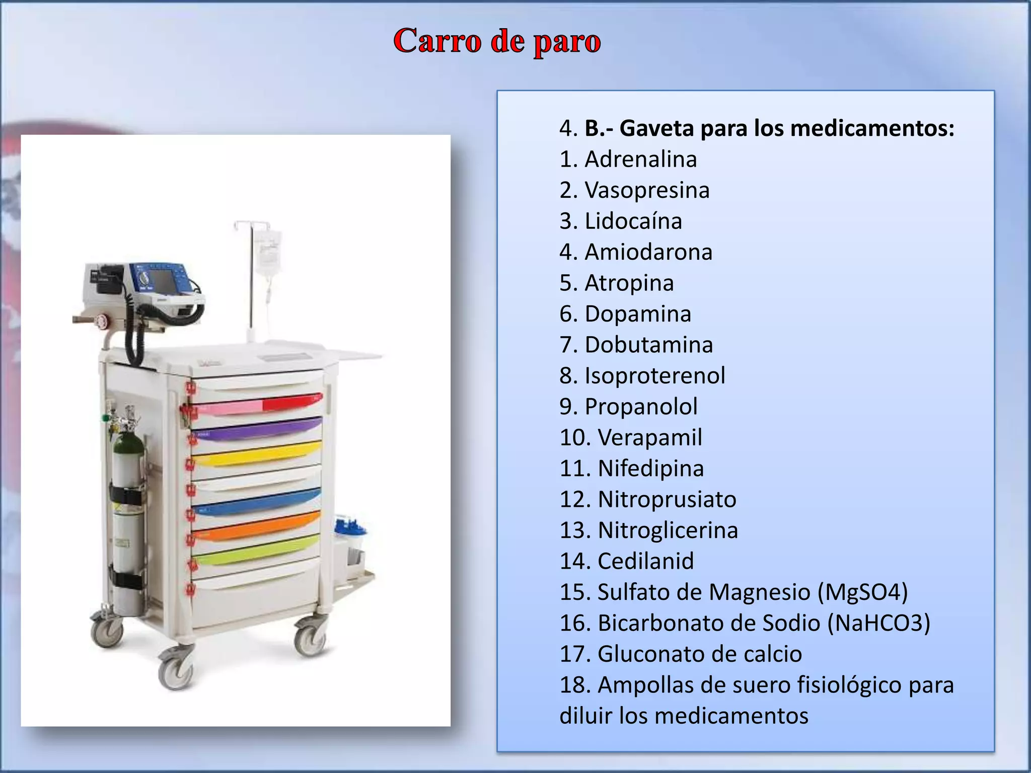 4. B.- Gaveta para los medicamentos:
1. Adrenalina
2. Vasopresina
3. Lidocaína
4. Amiodarona
5. Atropina
6. Dopamina
7. Dobutamina
8. Isoproterenol
9. Propanolol
10. Verapamil
11. Nifedipina
12. Nitroprusiato
13. Nitroglicerina
14. Cedilanid
15. Sulfato de Magnesio (MgSO4)
16. Bicarbonato de Sodio (NaHCO3)
17. Gluconato de calcio
18. Ampollas de suero fisiológico para
diluir los medicamentos
 