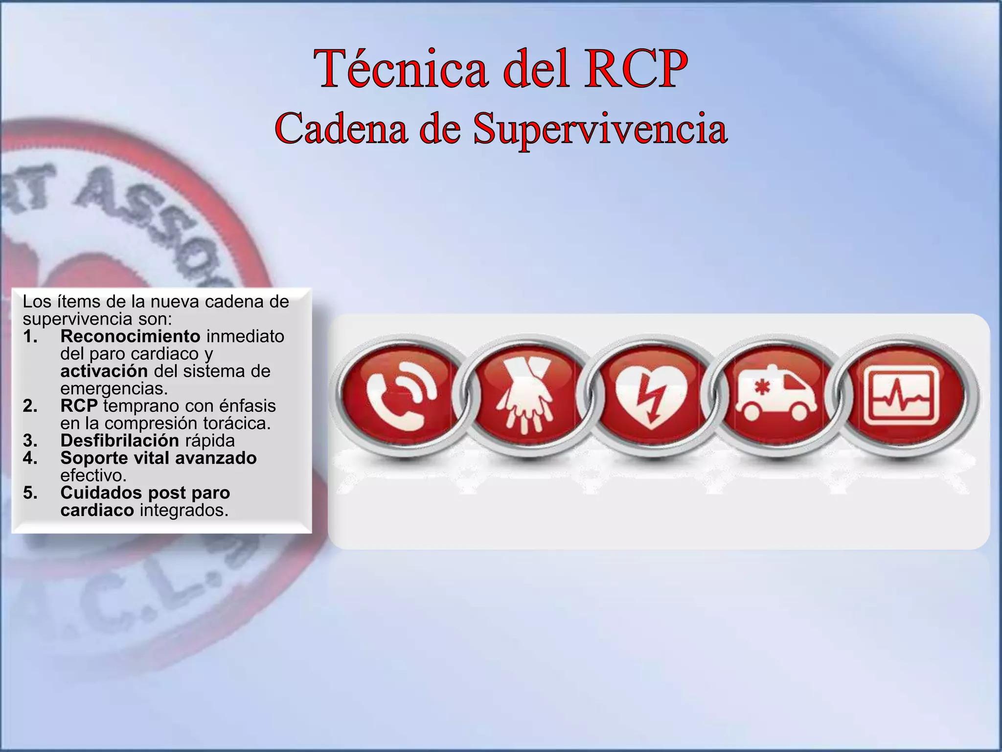 Los ítems de la nueva cadena de
supervivencia son:
1. Reconocimiento inmediato
del paro cardiaco y
activación del sistema de
emergencias.
2. RCP temprano con énfasis
en la compresión torácica.
3. Desfibrilación rápida
4. Soporte vital avanzado
efectivo.
5. Cuidados post paro
cardiaco integrados.
 