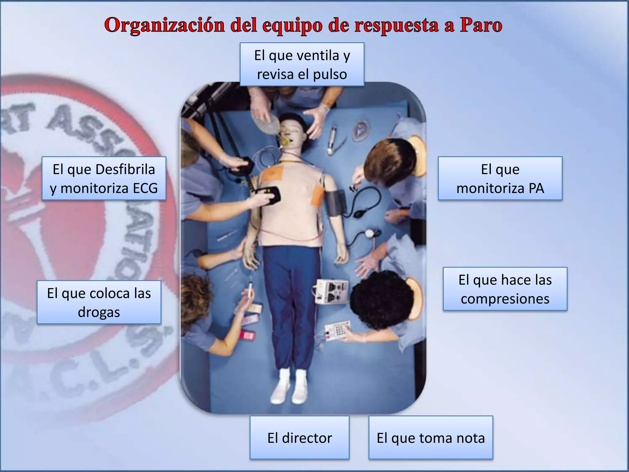 El director
El que
monitoriza PA
El que hace las
compresiones
El que ventila y
revisa el pulso
El que Desfibrila
y monitoriza ECG
El que coloca las
drogas
El que toma nota
 