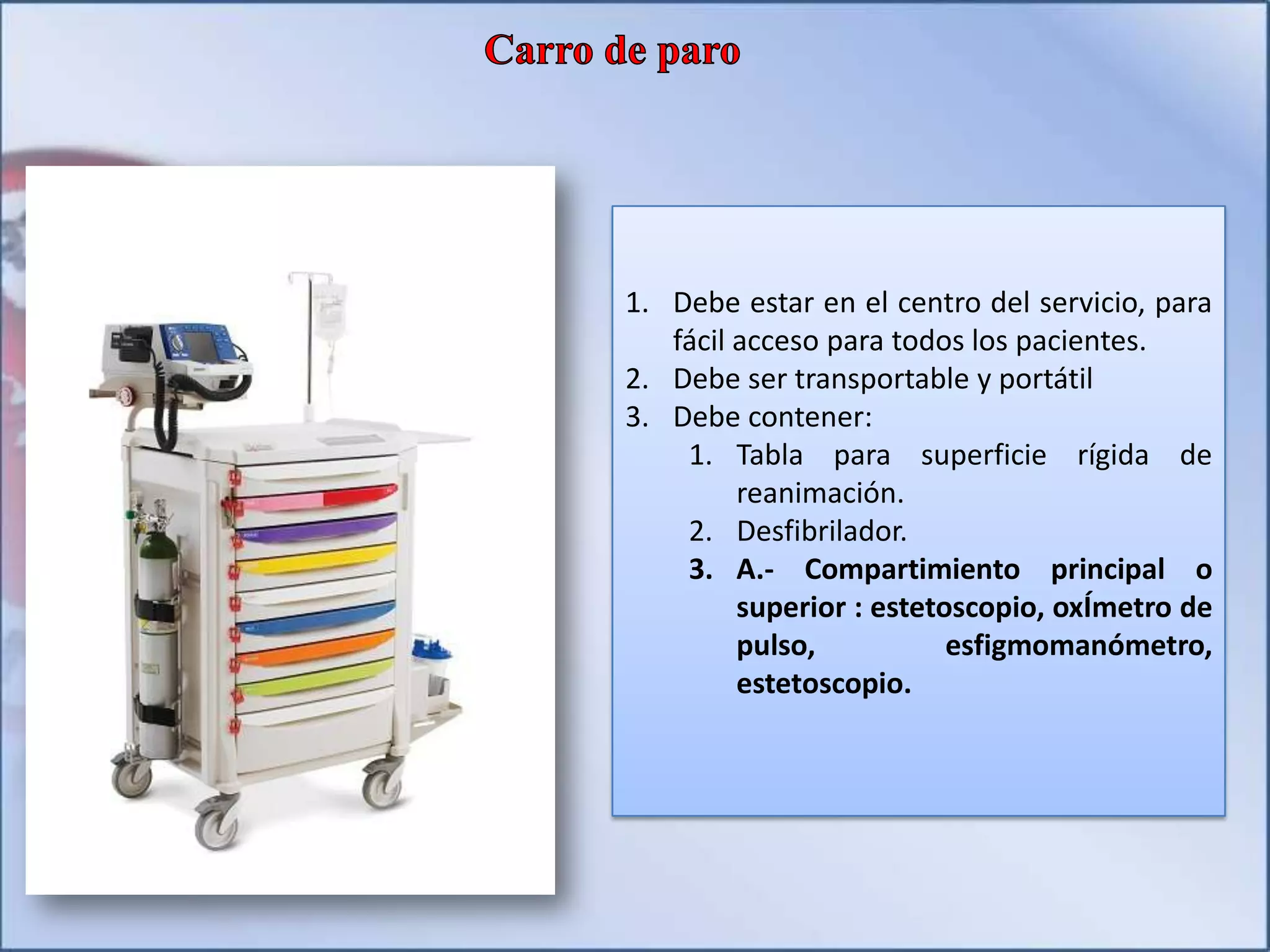 1. Debe estar en el centro del servicio, para
fácil acceso para todos los pacientes.
2. Debe ser transportable y portátil
3. Debe contener:
1. Tabla para superficie rígida de
reanimación.
2. Desfibrilador.
3. A.- Compartimiento principal o
superior : estetoscopio, oxÍmetro de
pulso, esfigmomanómetro,
estetoscopio.
 