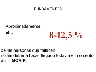 FUNDAMENTOS
Aproximadamente
el…
8-12,5 %
de las personas que fallecen
no les debería haber llegado todavía el momento
de MORIR
 