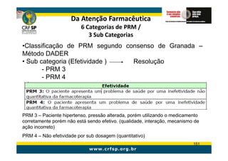 Da Atenção Farmacêutica
                         6 Categorias de PRM /
                            3 Sub Categorias
•Classificação de PRM segundo consenso de Granada –
Método DADER
• Sub categoria (Efetividade )  Resolução
       - PRM 3
       - PRM 4




PRM 3 – Paciente hipertenso, pressão alterada, porém utilizando o medicamento
corretamente porém não está sendo efetivo. (qualidade, interação, mecanismo de
ação incorreto)
PRM 4 – Não efetividade por sub dosagem (quantitativo)
                                                                           151
 