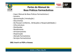 Partes do Manual de
                 Boas Práticas Farmacêuticas
   - Capa ( Manual de Boas Práticas Farmacêuticas )
   - Sumário
   - Apresentação ( Introdução )
   - Documentos
   - Do Pessoal ( Uniforme , Atribuições e Responsabilidades )
   - Infra estrutura
   - Distribuidor
   - Recebimento
   - Armazenamento
   - Dispensação
   - Atenção Farmacêutica
   - Serviços Farmacêuticos

OBS: Inserir os POPs e Anexos
 
