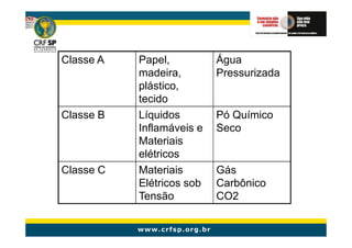 Classe A   Papel,          Água
           madeira,        Pressurizada
           plástico,
           tecido
Classe B   Líquidos        Pó Químico
           Inflamáveis e   Seco
           Materiais
           elétricos
Classe C   Materiais       Gás
           Elétricos sob   Carbônico
           Tensão          CO2
 