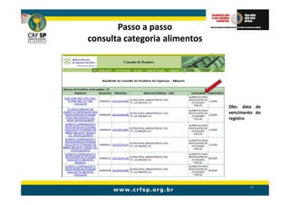 Passo a passo
consulta categoria alimentos




                               Obs: data de
                               vencimento do
                               registro




                                       68
 