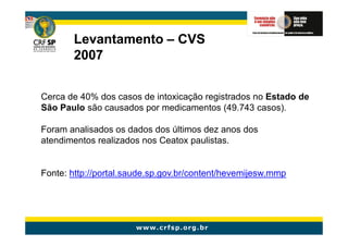 Levantamento – CVS
       2007


Cerca de 40% dos casos de intoxicação registrados no Estado de
São Paulo são causados por medicamentos (49.743 casos).

Foram analisados os dados dos últimos dez anos dos
atendimentos realizados nos Ceatox paulistas.


Fonte: http://portal.saude.sp.gov.br/content/hevemijesw.mmp
 