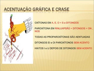 OXÍTONAS EM A, E, O + S e DITONGOS
PAROXÍTONA EM RINLUXPSÃO + DITONGOS + ON ,
NOS
TODAS AS PROPAROXÍTONAS SÃO AENTUADAS
DITONGOS EI e OI PAROXÍTONOS SEM ACENTO
HIATOS I e U DEPOIS DE DITONGOS SEM ACENTO
 