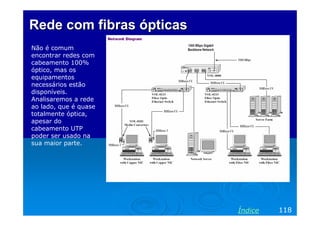Rede com fibras ópticas
Não é comum
encontrar redes com
cabeamento 100%
óptico, mas os
equipamentos
necessários estão
disponíveis.
Analisaremos a rede
ao lado, que é quase
totalmente óptica,
apesar do
cabeamento UTP
poder ser usado na
sua maior parte.




                          Índice   118
 