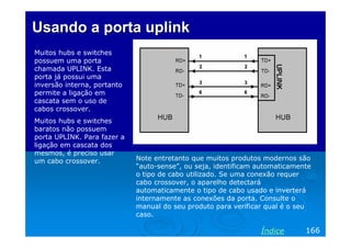 Usando a porta uplink
Muitos hubs e switches
possuem uma porta
chamada UPLINK. Esta
porta já possui uma
inversão interna, portanto
permite a ligação em
cascata sem o uso de
cabos crossover.
Muitos hubs e switches
baratos não possuem
porta UPLINK. Para fazer a
ligação em cascata dos
mesmos, é preciso usar
um cabo crossover.           Note entretanto que muitos produtos modernos são
                             “auto-sense”, ou seja, identificam automaticamente
                             o tipo de cabo utilizado. Se uma conexão requer
                             cabo crossover, o aparelho detectará
                             automaticamente o tipo de cabo usado e inverterá
                             internamente as conexões da porta. Consulte o
                             manual do seu produto para verificar qual é o seu
                             caso.

                                                                Índice       166
 