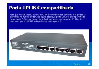Porta UPLINK compartilhada
Note que muitas vezes, a porta UPLINK é compartilhada com uma das portas já
existentes no hub ou switch. Na figura abaixo, a porta UPLINK é compartilhada
com a porta 8. Se usarmos a porta 8 não podemos usar a porta UPLINK. Se
usarmos a porta UPLINK, não podemos usar a porta 8.




                                                                Índice          167
 