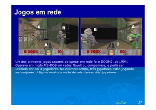 Jogos em rede




Um dos primeiros jogos capazes de operar em rede foi o DOOM2, de 1994.
Operava em modo MS-DOS em redes Novell ou compatíveis, e podia ser
utilizado por até 4 jogadores. No exemplo acima, três jogadores estão jogando
em conjunto. A figura mostra a visão de dois desses dois jogadores.




                                                                 Índice         37
 