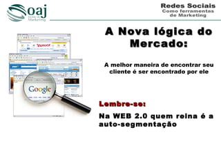 A Nova lógica do
    Mercado:
 A melhor maneira de encontrar seu
  cliente é ser encontrado por ele




Lembre-se:
Na WEB 2.0 quem reina é a
auto-segmentação
 