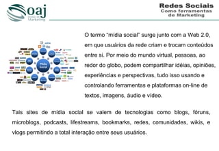 O termo “mídia social” surge junto com a Web 2.0,
                             em que usuários da rede criam e trocam conteúdos
                             entre si. Por meio do mundo virtual, pessoas, ao
                             redor do globo, podem compartilhar idéias, opiniões,
                             experiências e perspectivas, tudo isso usando e
                             controlando ferramentas e plataformas on-line de
                             textos, imagens, áudio e vídeo.

Tais sites de mídia social se valem de tecnologias como blogs, fóruns,
microblogs, podcasts, lifestreams, bookmarks, redes, comunidades, wikis, e
vlogs permitindo a total interação entre seus usuários.
 