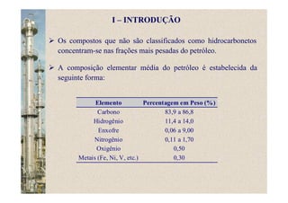 Elemento Percentagem em Peso (%)
Carbono 83,9 a 86,8
Hidrogênio 11,4 a 14,0
Enxofre 0,06 a 9,00
Nitrogênio 0,11 a 1,70
Oxigênio 0,50
Metais (Fe, Ni, V, etc.) 0,30
Os compostos que não são classificados como hidrocarbonetos
concentram-se nas frações mais pesadas do petróleo.
A composição elementar média do petróleo é estabelecida da
seguinte forma:
I – INTRODUÇÃO
 