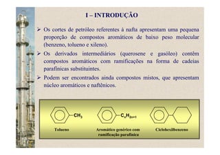 Os cortes de petróleo referentes à nafta apresentam uma pequena
proporção de compostos aromáticos de baixo peso molecular
(benzeno, tolueno e xileno).
Os derivados intermediários (querosene e gasóleo) contêm
compostos aromáticos com ramificações na forma de cadeias
parafínicas substituintes.
Podem ser encontrados ainda compostos mistos, que apresentam
núcleo aromáticos e naftênicos.
CH3 CnH2n+1
Tolueno Aromático genérico com Ciclohexilbenzeno
ramificação parafínica
I – INTRODUÇÃO
 