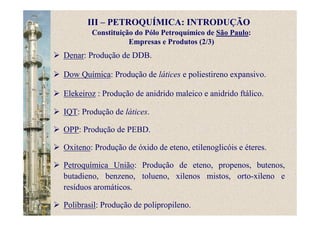 Constituição do Pólo Petroquímico de São Paulo:
Empresas e Produtos (2/3)
Denar: Produção de DDB.
Dow Química: Produção de látices e poliestireno expansivo.
Elekeiroz : Produção de anidrido maleico e anidrido ftálico.
IQT: Produção de látices.
OPP: Produção de PEBD.
Oxiteno: Produção de óxido de eteno, etilenoglicóis e éteres.
Petroquímica União: Produção de eteno, propenos, butenos,
butadieno, benzeno, tolueno, xilenos mistos, orto-xileno e
resíduos aromáticos.
Polibrasil: Produção de polipropileno.
III – PETROQUÍMICA: INTRODUÇÃO
 