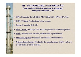 Constituição do Pólo Petroquímico de Camaçari:
Empresas e Produtos (2/3)
CPC: Produção de 1,2-DCE, MVC (BA/AL) e PVC (BA/AL).
CQR / Triken: Produção de cloro e soda.
Deten: Produção de LAB.
Dow (Aratu): Produção de óxido de propeno e propilenoglicóis.
EDN: Produção de estireno, etilbenzeno e poliestireno.
Metanor/Copenor: Produção de metanol e formaldeído.
Nitrocarbono/Propet: Produção de caprolactama, DMT, nylon 6,
ciclohexano e ciclohexanona.
III – PETROQUÍMICA: INTRODUÇÃO
 