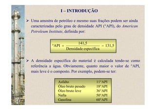 131,5
específicaDensidade
141,5
API −=°
A densidade específica do material é calculada tendo-se como
referência a água. Obviamente, quanto maior o valor de °API,
mais leve é o composto. Por exemplo, podem-se ter:
Asfalto 11°API
Óleo bruto pesado 18°API
Óleo bruto leve 36°API
Nafta 50°API
Gasolina 60°API
I – INTRODUÇÃO
Uma amostra de petróleo e mesmo suas frações podem ser ainda
caracterizadas pelo grau de densidade API (°API), do American
Petroleum Institute, definida por:
 