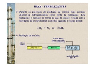 III.6.6 – FERTILIZANTES
Durante os processos de produção de amônia mais comuns,
utilizam-se hidrocarbonetos como fonte de hidrogênio. Este
hidrogênio é extraído na forma do gás de síntese e reage com o
nitrogênio do ar para formar a amônia, segundo a reação global:
3 H2 + N2 ⇔ 2 NH3
Gás de
Síntese
Produção de amônia:
Compressão Síntese Refrigeração /
Condensação
Amônia líquida
82% N
Gás de purga
(para recuperação
ou uso combustível)
 